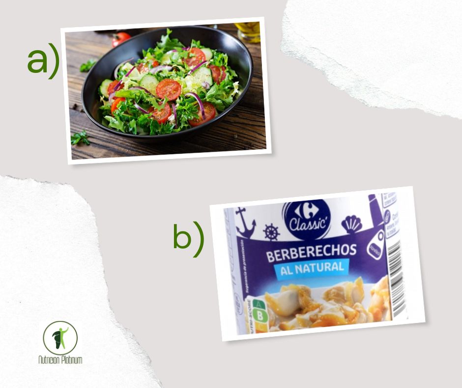 Ensalada de lechuga y pepino con berberechos en conserva.